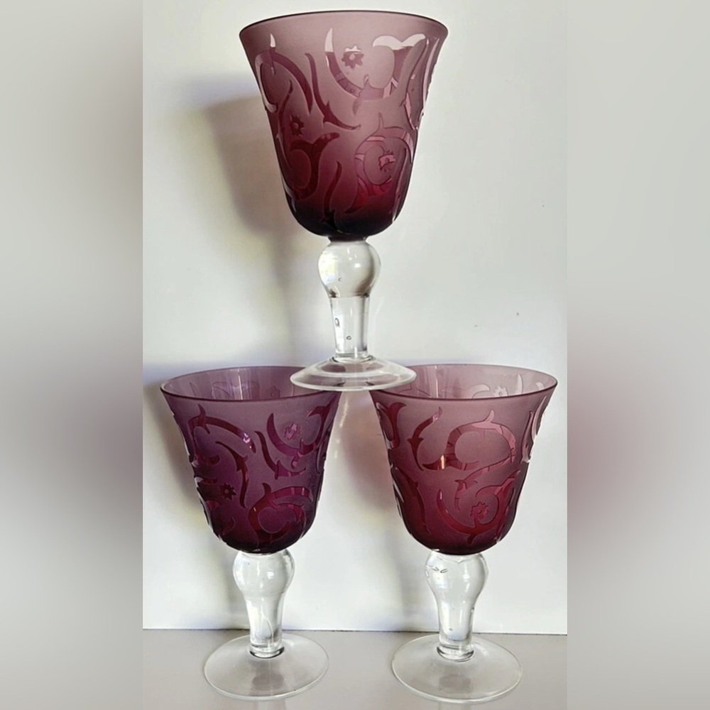 8” Tall Purple/Burgandy Etched Floral Patterned Glass Goblets